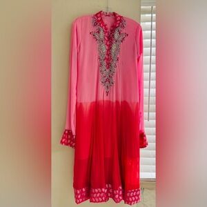Pink and Red Embellished Long Sleeve Dress